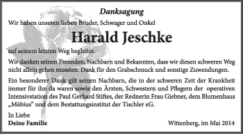 Traueranzeige von Harald Jeschke von Super Sonntag Wittenberg