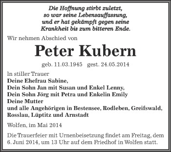 Traueranzeige von Peter Kubern von WVG - Wochenspiegel Bitterfeld