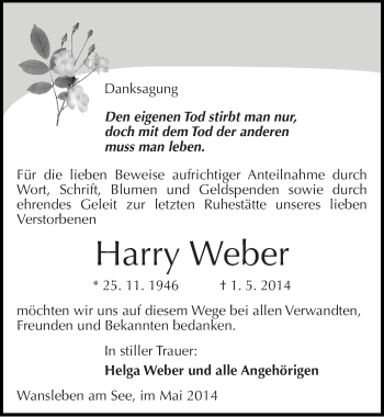 Traueranzeige von Harry Weber von Mitteldeutsche Zeitung Mansfelder Land