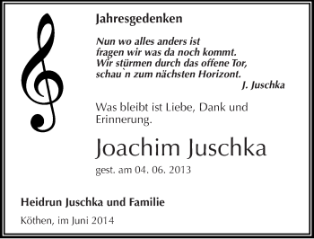 Traueranzeige von Joachim Juschka von Mitteldeutsche Zeitung Köthen