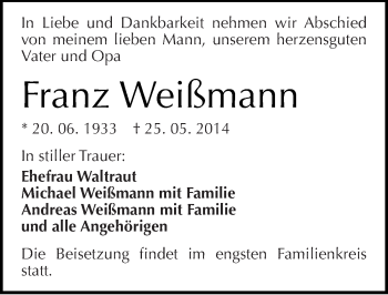 Traueranzeige von Franz Weißmann von Mitteldeutsche Zeitung Halle/Saalkreis