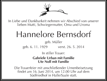 Traueranzeige von Hannelore Bernsdorf von Mitteldeutsche Zeitung Halle/Saalkreis
