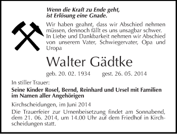 Traueranzeige von Walter Gädtke von Mitteldeutsche Zeitung Naumburg/Nebra