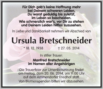 Traueranzeige von Ursula Bretschneider von Mitteldeutsche Zeitung Halle/Saalkreis