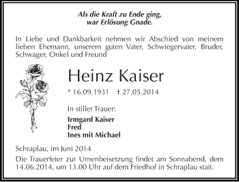 Traueranzeige von Heinz Kaiser von Mitteldeutsche Zeitung Merseburg/Querfurt