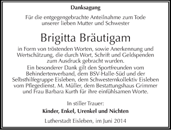 Traueranzeige von Brigitta Bräutigam von Mitteldeutsche Zeitung Mansfelder Land