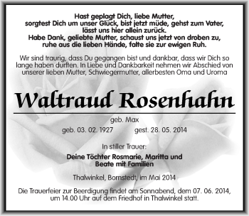 Traueranzeige von Waltraud Rosenhahn von Mitteldeutsche Zeitung Naumburg/Nebra