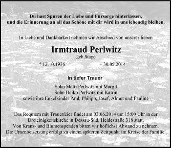 Traueranzeige von Irmtraud Perlwitz von Mitteldeutsche Zeitung