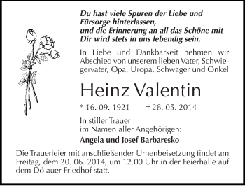 Traueranzeige von Heinz Valentin von Mitteldeutsche Zeitung Halle/Saalkreis