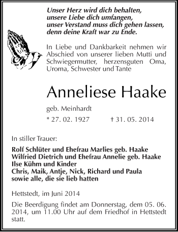 Traueranzeige von Anneliese Haake von Mitteldeutsche Zeitung Mansfelder Land