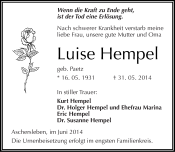 Traueranzeige von Luise Hempel von Mitteldeutsche Zeitung