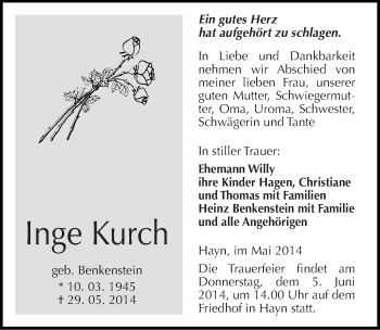 Traueranzeige von Inge Kurch von Mitteldeutsche Zeitung Sangerhausen