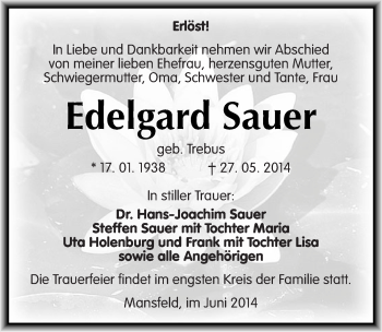 Traueranzeige von Edelgard Sauer von Mitteldeutsche Zeitung Mansfelder Land