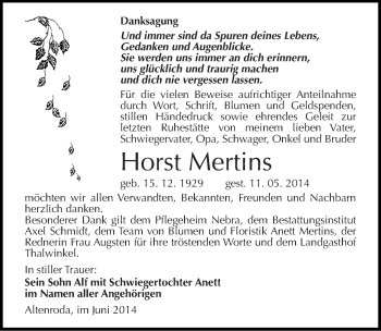 Traueranzeige von Horst Mertins von Mitteldeutsche Zeitung Naumburg/Nebra