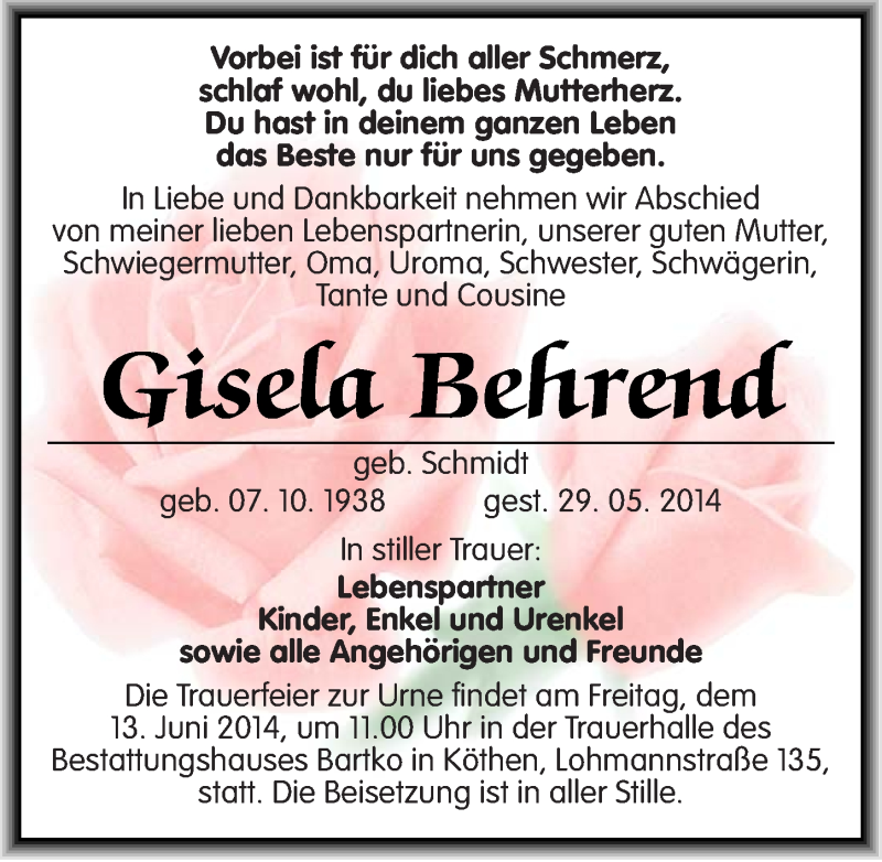  Traueranzeige für Gisela Behrend vom 03.06.2014 aus Mitteldeutsche Zeitung Köthen