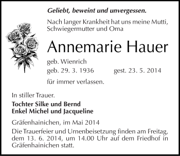 Traueranzeige von Annemarie Hauer von Mitteldeutsche Zeitung Wittenberg