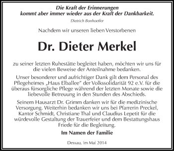 Traueranzeige von Dieter Merkel von Mitteldeutsche Zeitung Dessau-Roßlau
