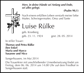 Traueranzeige von Luise Rülke von Mitteldeutsche Zeitung Sangerhausen