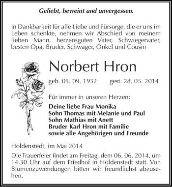 Traueranzeige von Norbert Hron von Mitteldeutsche Zeitung Sangerhausen