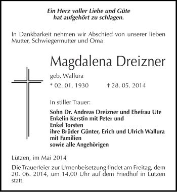 Traueranzeige von Magdalena Dreizner von Mitteldeutsche Zeitung Weißenfels