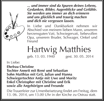 Traueranzeige von Hartwig Matthies von Mitteldeutsche Zeitung Halle/Saalkreis