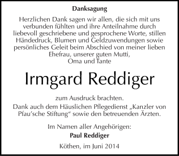 Traueranzeige von Irmgard Reddiger von Mitteldeutsche Zeitung Köthen
