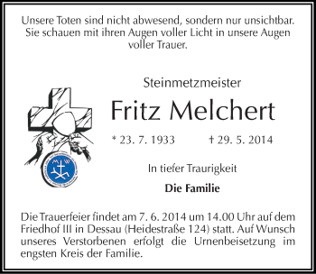 Traueranzeige von Fritz Melchert von Mitteldeutsche Zeitung