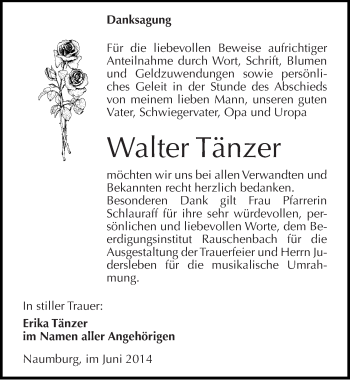 Traueranzeige von Walter Tänzer von Mitteldeutsche Zeitung Naumburg/Nebra