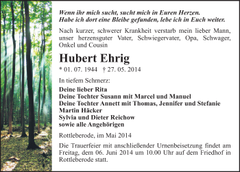 Traueranzeige von Hubert Ehrig von Mitteldeutsche Zeitung Sangerhausen