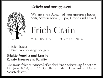 Traueranzeige von Erich Crain von Mitteldeutsche Zeitung Halle/Saalkreis