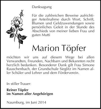 Traueranzeige von Marion Töpfer von Mitteldeutsche Zeitung Naumburg/Nebra