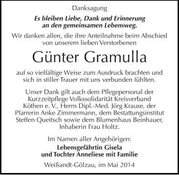 Traueranzeige von Günter Gramulla von Mitteldeutsche Zeitung Köthen