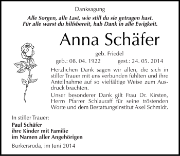 Traueranzeige von Anna Schäfer von Mitteldeutsche Zeitung Naumburg/Nebra