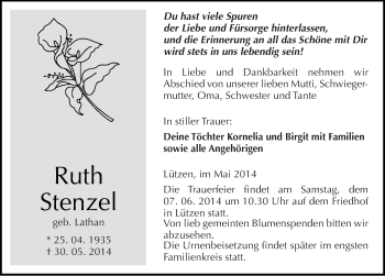 Traueranzeige von Ruth Stenzel von Mitteldeutsche Zeitung Weißenfels