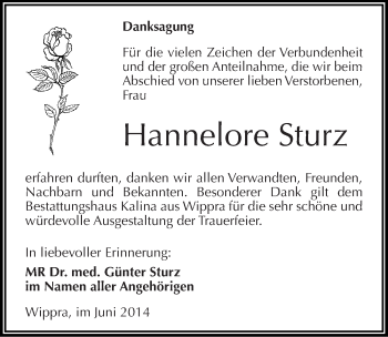Traueranzeige von Hannelore Sturz von Mitteldeutsche Zeitung Mansfelder Land