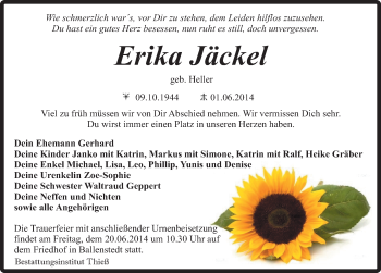 Traueranzeige von Erika Jäckel von Mitteldeutsche Zeitung Quedlinburg