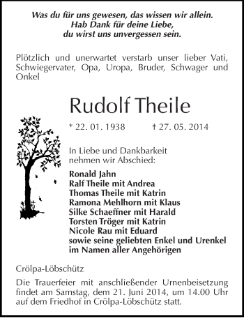 Traueranzeige von Rudolf Theile von Mitteldeutsche Zeitung Naumburg/Nebra