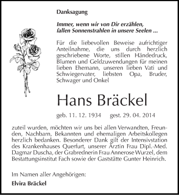 Traueranzeige von Hans Bräckel von Mitteldeutsche Zeitung Merseburg/Querfurt