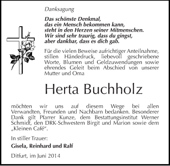 Traueranzeige von Herta Buchholz von Mitteldeutsche Zeitung Quedlinburg