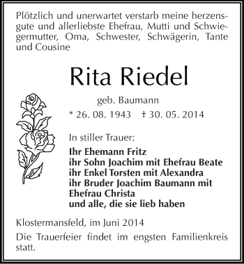 Traueranzeige von Rita Riedel von Mitteldeutsche Zeitung Mansfelder Land