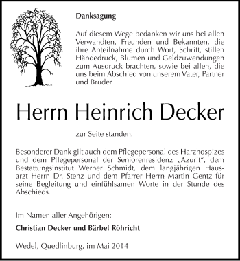 Traueranzeige von Heinrich Decker von Mitteldeutsche Zeitung Quedlinburg