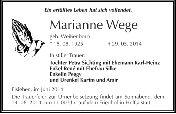 Traueranzeige von Marianne Wege von Mitteldeutsche Zeitung Mansfelder Land