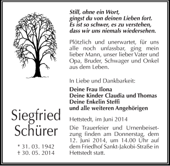 Traueranzeige von Siegfrieg Schürer von Mitteldeutsche Zeitung Mansfelder Land