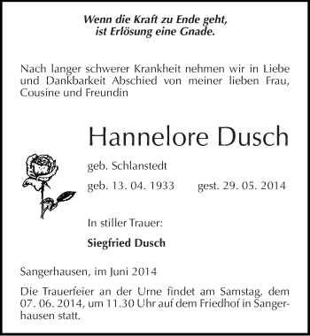 Traueranzeige von Hannelore Dusch von Mitteldeutsche Zeitung