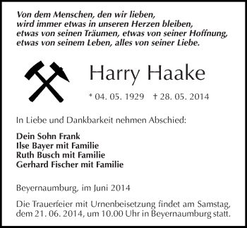 Traueranzeige von Harry Haake von Mitteldeutsche Zeitung Sangerhausen
