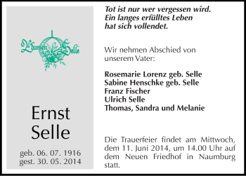 Traueranzeige von Ernst Selle von Mitteldeutsche Zeitung Naumburg/Nebra