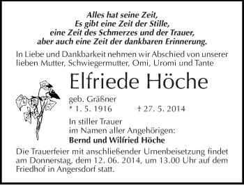 Traueranzeige von Elfriede Höche von Mitteldeutsche Zeitung Merseburg/Querfurt