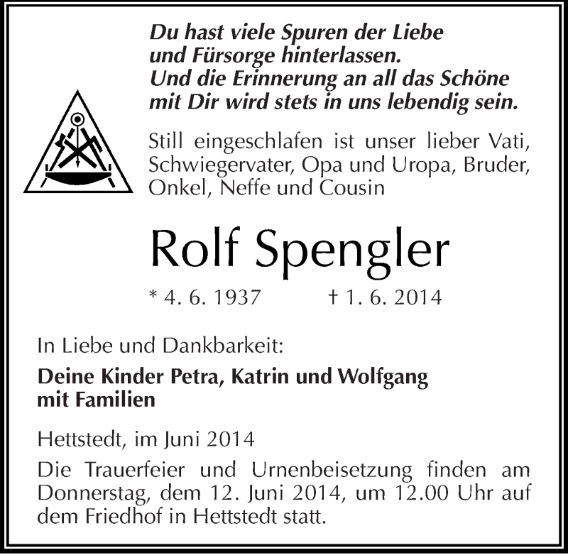  Traueranzeige für Rolf Spengler vom 04.06.2014 aus Mitteldeutsche Zeitung Mansfelder Land