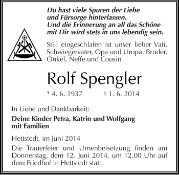 Traueranzeige von Rolf Spengler von Mitteldeutsche Zeitung Mansfelder Land
