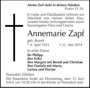Traueranzeige von Annemarie Zapf von Mitteldeutsche Zeitung Naumburg/Nebra